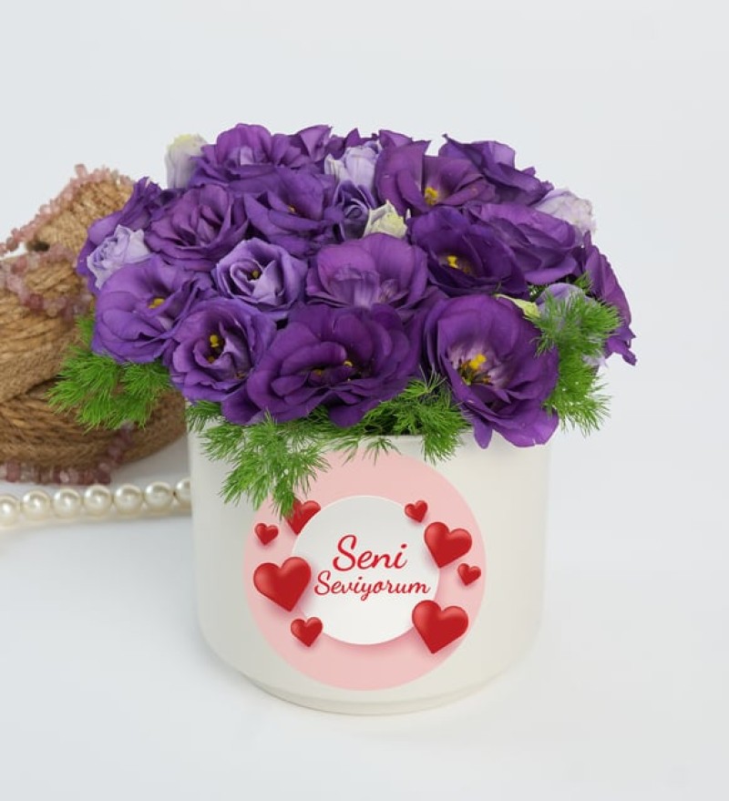 Seni Seviyorum Mesajlı Mor Lisyantus Aranjmanı