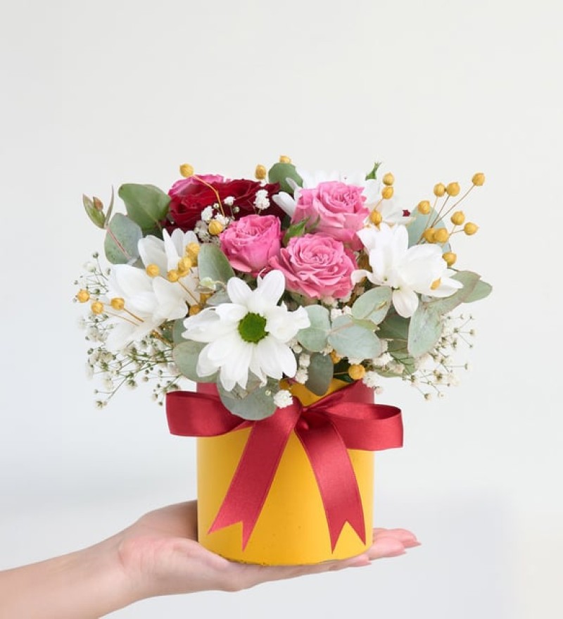 Sarı Saksıda Pembe Çardak Güller ve Papatyalar